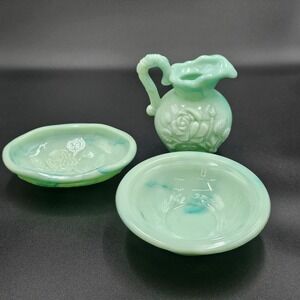 Vintage 70s Avon Jadeite Green Swirl Milk Glass Pitcher & Bowl Set – Rose Design